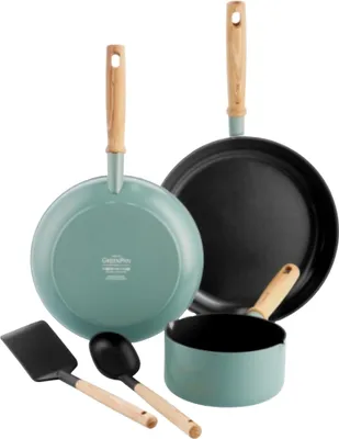 A set of cookware and utensils with wooden handles, arranged on a white background.