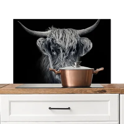Obrázek produktu pro KitchenYeah® Splashback kitchen - Kuchyňský splashback - Ochrana stěny sporáku a dřezu - Skotský náhorní skot - Černá - Kráva - Zvířata 90x60 - Hliníkový dibond (alternativa ke skleněnému splashbacku) - Teplo