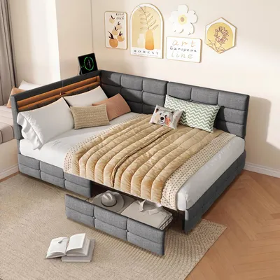Produktbild von Polsterbett 140x200cm mit RGB LED und USB-C Ladestation, Eckbett Schlafsofa Tagesbett, 2 Schubladen Stauraum, Jugendbett mit Lattenrost, Grau Leinen, Links oder rechts montierbar