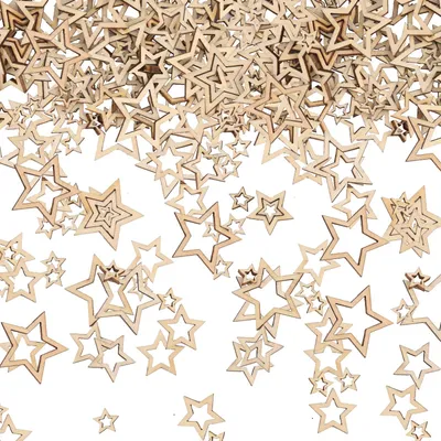 Image de Étoiles en bois décoratives - 300 pièces en 3 tailles différentes - Matériel de bricolage et décoration de table - Couleurs naturelles