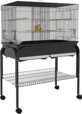 Image de PawHut Grand cage oiseaux, cage perroquet, volière oiseaux intérieur extérieur, avec support, roulettes pour cacatoès perruche canaris perroquet, acier, 85 x 49 x 119 cm, noir