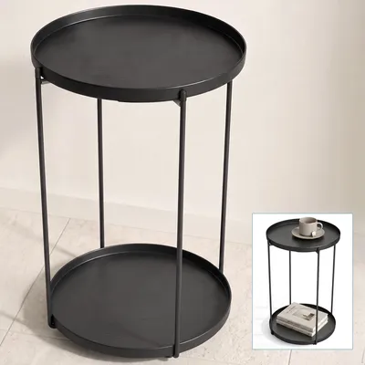 Produktbild von doporro Beistelltisch rund, Kleiner Tisch, Couchtisch rund mit 2 Ablagen und Metallgestell，35 x 51cm, Beistelltisch Schwarz Reglo-08