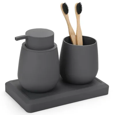 Immagine prodotto di Set da bagno 3 pezzi, grigio: dispenser per sapone, bicchiere per lo spazzolino, vassoio. Materiale: plastica ABS