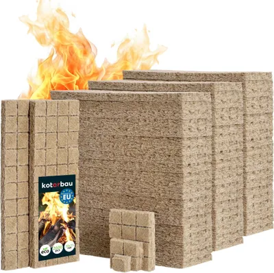 A stack of fire starters with flames in the background.