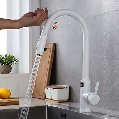 Produktbild von Yalsfowe Berührung auf Küchenarmatur, Wasserhahnauszugsdusche, Smart Sensor Edelstahlspüle Temperaturanzeige, 360 ° Mischhahn, weiß