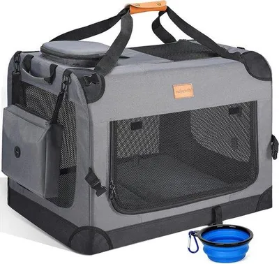 Produktbild von Haustier-Reisebox – Tragetasche für Hunde und Katzen – Sicheres Reisen – Faltbar, leicht – 60 x 42 x 42 cm – Grau