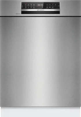 A front view of a stainless steel Bosch dishwasher.
