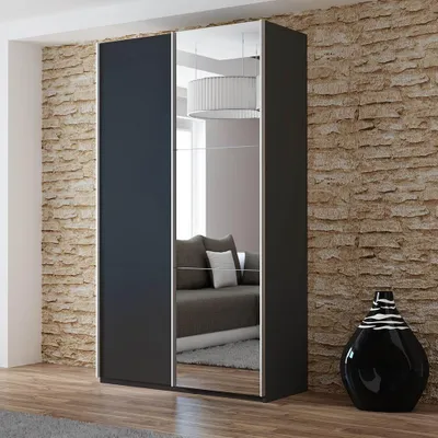 Produktbild von Krudox PRV Kleiderschrank Schiebetür Schwarz 122 cm mit Spiegel 2 Kleiderstangen Schlafzimmer Schrank