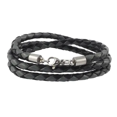 Imagen del producto de Cadena de cuero, correa de cuero de 4 mm, collar para hombre, color /gris, longitud de 17 a 100 cm, con cierre de mosquetón. Cadena trenzada de plata, longitud: 45 centímetros
