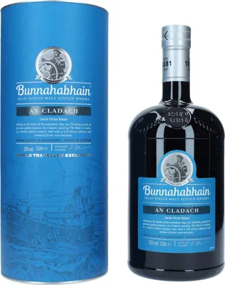 A bottle of Bunnahabhain An Cladach whisky and its cylindrical packaging.