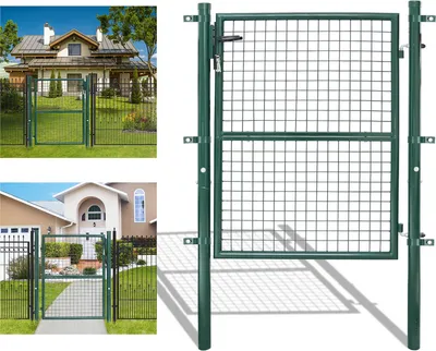 Collage of images showing a green garden gate and fence in different settings.