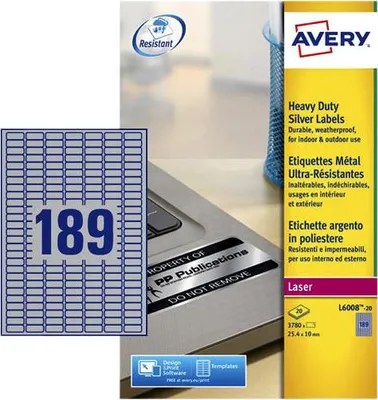 Produktbild von Avery Typenschild-Etiketten, silber, 25,4 x 10 mm, permanent, Silber, Selbstklebendes Druckeretikett, A4, Polyester, Laser/Inkjet, Abgerundetes Rechteck