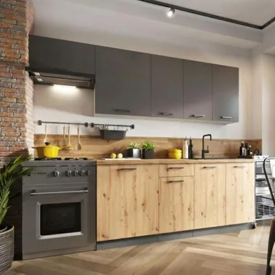 Obrázek produktu pro Kuchyňská linka 240 cm - Dub Artisan a grafit - s hnědou pracovní deskou - MDF čela - 7 skříněk - Moderní sestava nábytku - CLARA