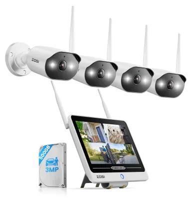 Produktbild von ZOSI 2K Wi-Fi 6 Überwachungskamera Set Außen mit 12-Zoll Monitor-NVR, 500GB, 4x 3MP WLAN-Kameras