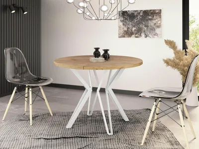 Produktbild von Runder Tisch für das Esszimmer - 100 oder 120 cm Durchmesser - Ausziehbarer Tisch mit Pulverbeschichteten Weißen Metallbeinen - Industriestil - 120 cm - Craft Eiche