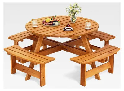 Produktbild von Picknicktischset für 8 Personen, Gartentisch aus Holz mit Schirmloch und 4 Bänken, Terrassenmöbel, Gartenmöbel, runde Sitzgruppe, Sitzgarnitur für Garten und Terrasse