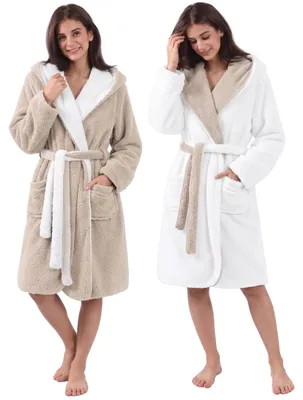 Produktbild von CalmyLIFE Bademantel Damen flauschig Morgenmantel - mit Wendefunktion Taupe/Natur L