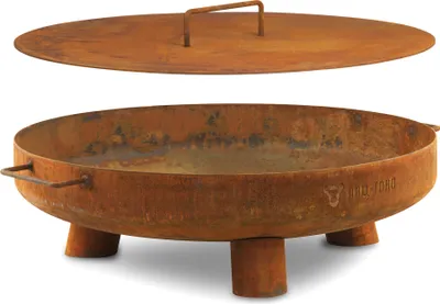 A rusty fire pit with a lid, shown on a white background.