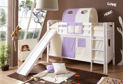 Produktbild von Etagenbett mit Rutsche "Lupo" Buche massiv Weiß (Beige-Lila)