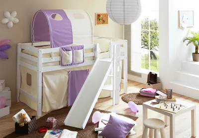 Produktbild von Podestbett mit Rutsche "Tino" Buche Weiß Classic (Beige-Lila)