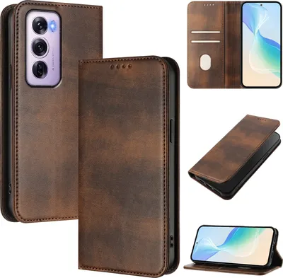 Obrázek produktu pro Pouzdro pro Oppo Reno12 Pro, vintage kožené pouzdro s RFID ochranou, přihrádkami na karty, stojánkem Hnědý