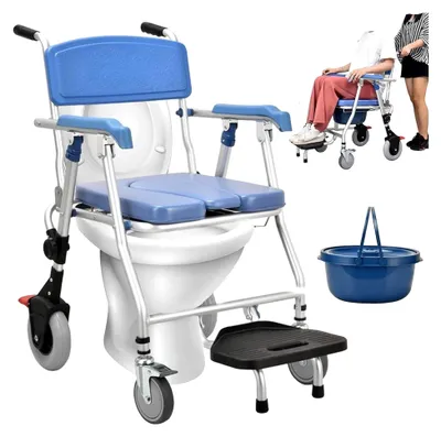 Produktbild von Toilettenstuhl für Senioren mit Rollen, faltbarer Nachtstuhl mit Armlehne, Dusch-Toilettenstuhl fahrbar mit Urineimer, WC-Stuhl mit herausnehmbarem Eimer für ältere Menschen, Tragfähigkeit 150 kg