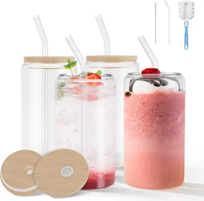 Produktbild von UISEBRT 4er Set 550ml Trinkgläser mit Deckel und Strohhalm Glasbecher wiederverwendbar für Limonade Wasser Saft Büro Schule Geschenk