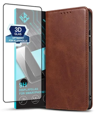 Produktbild von Handyhülle für Samsung Galaxy S22 Ultra mit 9H Displayglas Kunstleder Flip Cover Hülle Klapphülle Case Kartenfach Farbe: Dunkelbraun