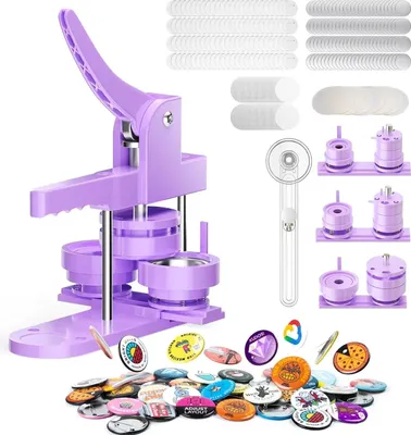Produktbild von Buttonmaschine und Buttonpresse - Set - Mit Formen - 3 Größen 25/32/58 mm - 300 Kunststoff-Unterteile - Rundschneider - Lila