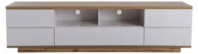 Produktbild von Moderner TV-Schrank 180 cm in Weiß und Holzmaserung mit 5 Türen und offenen Fächern