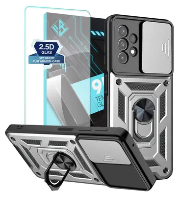 Produktbild von Armor Handyhülle für Samsung Galaxy A13 mit 9H Displayglas Displayschutz Kameraschutz Handy Panzer Case Cover Schutzhülle Outdoor Farbe: Silber