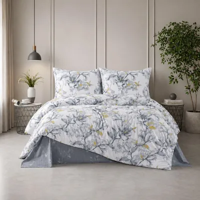 Produktbild von Bettwäsche 155x220 cm 4-teilig Baumwolle – Grau Weiß Floral mit Gelben Akzenten, Renforce Bettbezug Set mit Reißverschluss, Graue Fiora