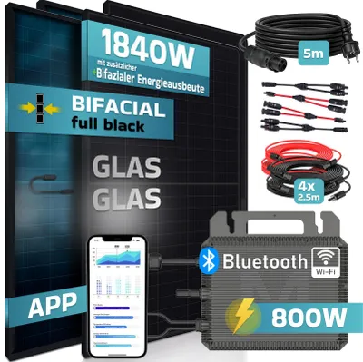 Produktbild von SUNNIVA® 1840W Balkonkraftwerk BIFAZIAL FULLBLACK komplett Steckdose MARSTEK 800 Watt Wechselrichter, Komplettset 4x 460W PV Solaranlage Solarmodule
