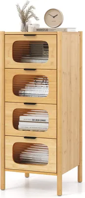 Produktbild von GOPLUS Kommode mit 4 Schubladen, Aufbewahrungsschrank aus gehärtetem Glas, Sideboard Bambus, Natur (40 × 40 × 97 cm)