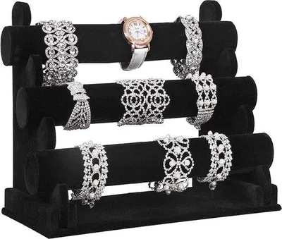 Produktbild von Famanu Schmuckständer 3 Etagen - Schwarz Samt - Uhrenständer - Für Uhren, Armbänder, Halsketten