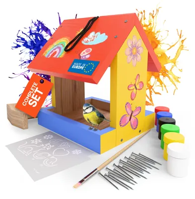 Produktbild von Bausatz für ein Vogelhaus aus Kiefernholz für Kinder, zum Bemalen, inklusive 6 Farben und Zubehör