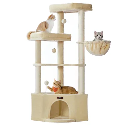 A beige cat tree with multiple levels and platforms, featuring three cats interacting with it. The background is plain white.