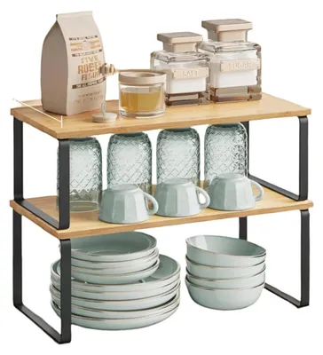 Obrázok produktu pre Regál na korenie, 2-dielny, organizér do kuchyne, kov/drevo, nosnosť 15 kg, rozmer 19,5 x 39,7 cm