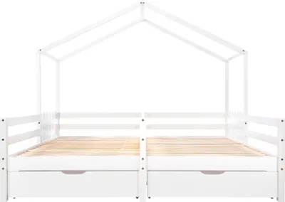 Produktbild von Merax Kinderbett 90x200cm/90x200cm mit Rausfallschutz und Lattenrost, Hausbett mit Schubladen, zwei Einzelbetten Doppelbett für 2 Kinder, Weiß