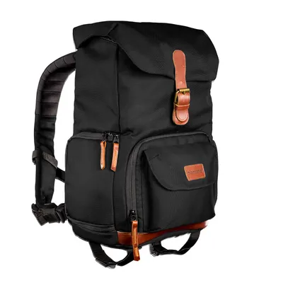 Produktbild von Mantona Luis junior Retro Fotorucksack schwarz mit Leder, Kamerarucksack inkl. Regenschutzhülle, Fototasche mit Laptopfach, Backpack geeignet für 1x DSLR-Kamera, 1-2 Objektive, diverses Fotozubehör