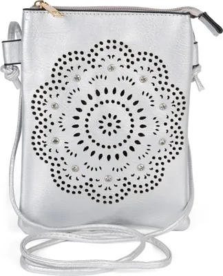 Produktbild von styleBREAKER Damen Mini Umhängetasche mit Blumen Lasercut Cutout Muster und Strass | kleine Crossbody Bag Schultertasche Handytasche 14,5 x 19 cm
