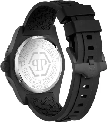 Close-up view of the back of a black analog watch.