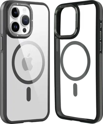 Two iPhone cases are shown side-by-side against a white background. The case on the left is shown from the back, displaying the camera array and the MagSafe ring with an Apple logo. The case on the right is shown from the side, highlighting its frame and t