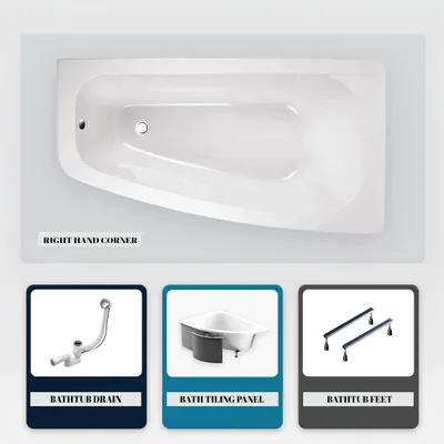Produktbild von Asymmetrische Badewanne - 150 x 80 cm - Rechts - mit Verkleidung - mit Füßen - Ablaufgarnitur Chrom - LUNA
