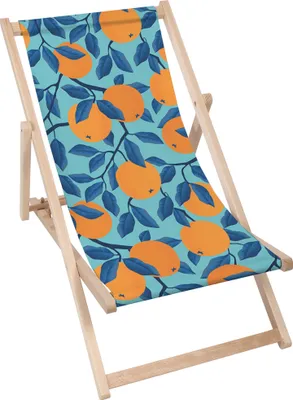 A folding deck chair with a tropical orange pattern on a white background.