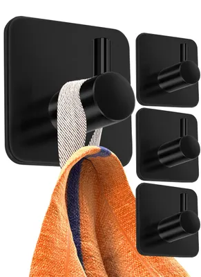 Image de Support pour serviettes noir sans perçage – Lot de 4 crochets adhésifs, crochets pour serviettes en acier inoxydable avec pastilles adhésives résistantes à l'eau, crochets adhésifs pour la salle de bains, la cuisine et comme porte-serviettes