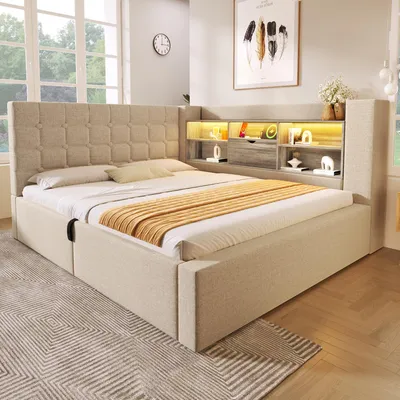 Produktbild von okwish L-förmiges Schlafsofa 140x190 Tagesbett mit LED-Beleuchtung und offenen Staufächern an der Rückwand,Jugendbett Daybett mit Bettkasten,Beige(Ohne Matratze)