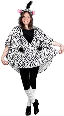 A woman is posing in a zebra costume.