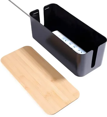 Produktbild von PolkaHome® Kabelbox mit Bambusdeckel – Kabelorganisation und Kabelverstecker, 32 x 13 x 12 cm, schwarz
