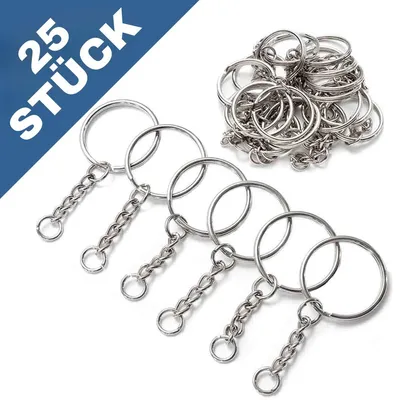 Produktbild von Schlüsselanhänger mit Kette – 25 Schlüsselanhängerringe aus Edelstahl – Spaltringe – 25 mm – 25 Stück